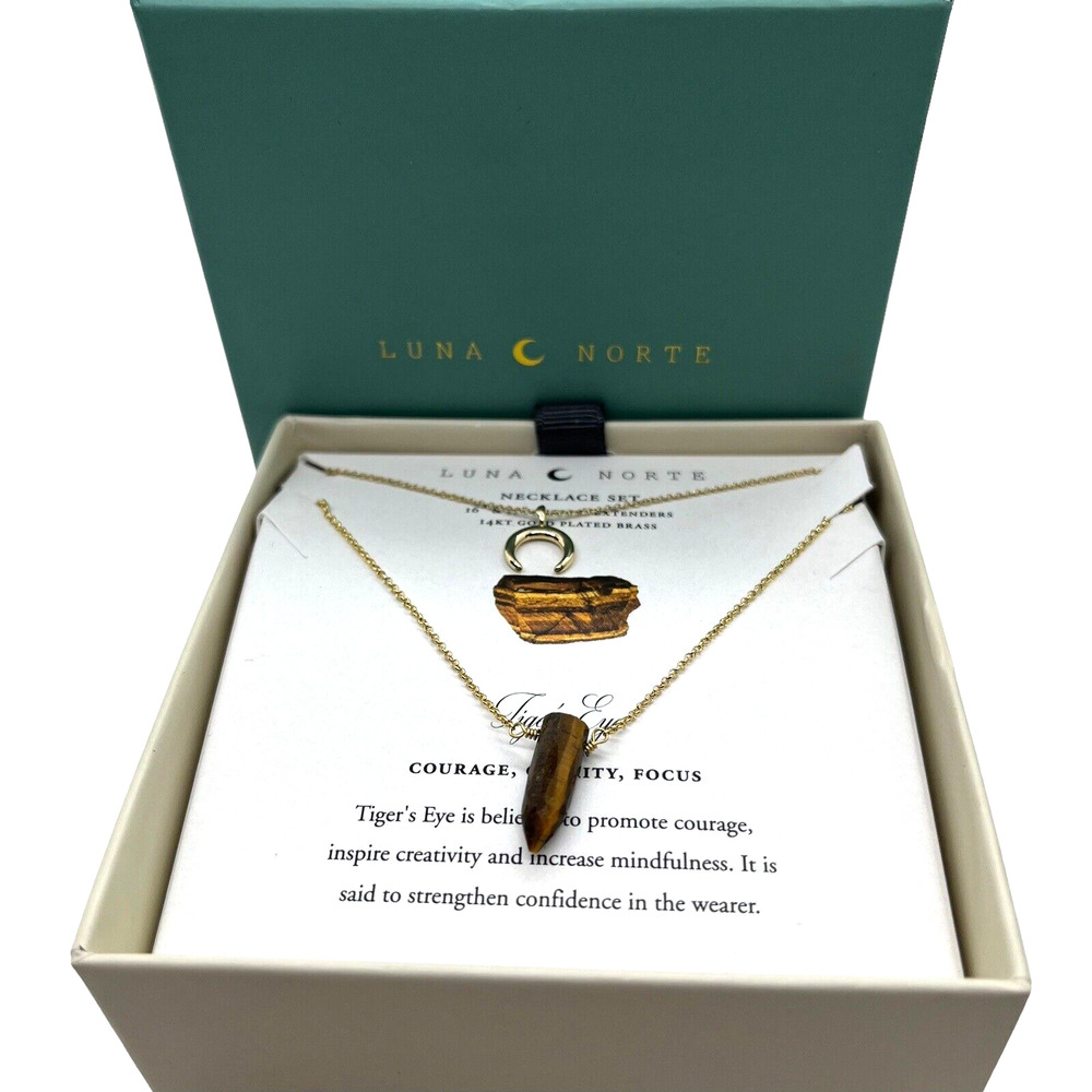 Luna Norte Tiger Eye Necklace Set 14KT Plated Brass Courage Clarity Focus New